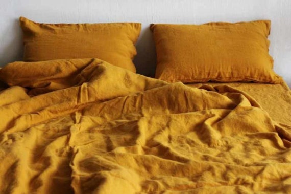 3 Piece Mustard Yellow Stone Washed Linen Bedding Set, Duvet Cover & 2 Pillowcases, Soft Breathable - image 1
