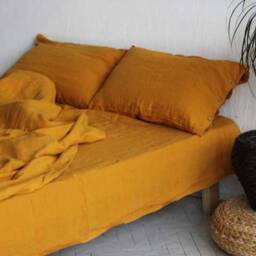 3 Piece Mustard Yellow Stone Washed Linen Bedding Set, Duvet Cover & 2 Pillowcases, Soft Breathable - thumbnail 2