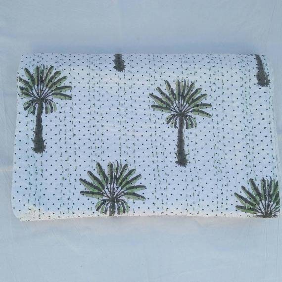Handblock Palm Tree Indian Handmade Kantha Quilt Throw, Kantha Bedspread Size Multi - image 1