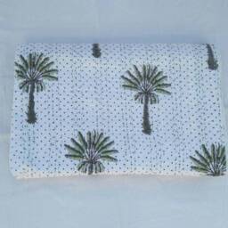 Handblock Palm Tree Indian Handmade Kantha Quilt Throw, Kantha Bedspread Size Multi - thumbnail 1