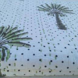 Handblock Palm Tree Indian Handmade Kantha Quilt Throw, Kantha Bedspread Size Multi - thumbnail 3