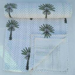 Handblock Palm Tree Indian Handmade Kantha Quilt Throw, Kantha Bedspread Size Multi - thumbnail 2