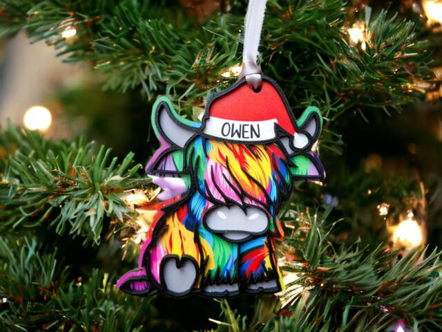 Handmade Highland Cow Christmas Ornament Rainbow Or Standard Colors - image 1