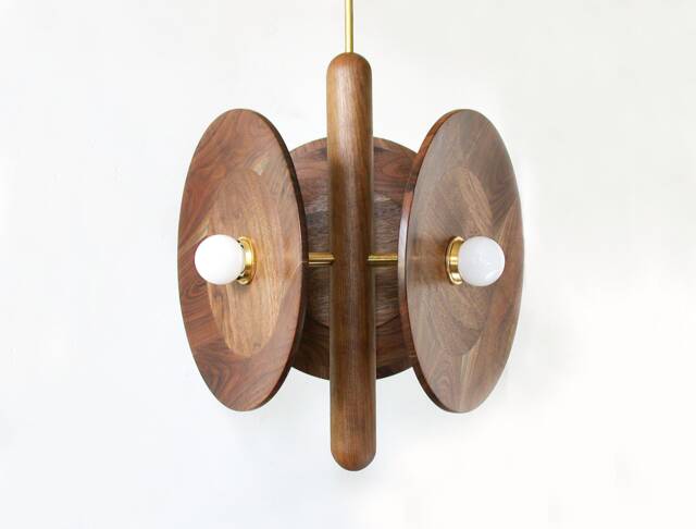 Mid Century Modern Triple Walnut Dish Pendant Light Kichen Island Living Room Dining - image 1