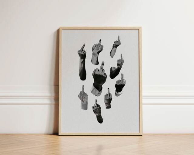 Middle Finger Print, Quirky Poster, Gallery Wall, Retro Weird Wall Art, Black & White, Living Room, Home Decor Inspo, Unframed - image 1