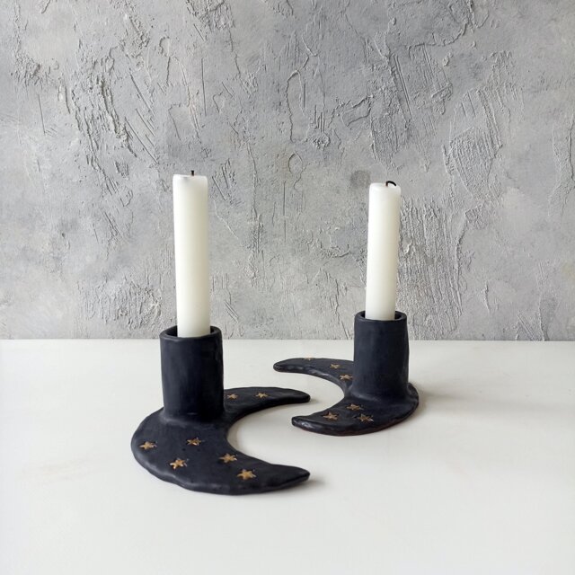 Handmade Crescent Moon Ceramic Candle Holder Black & Gold Lustre - image 1