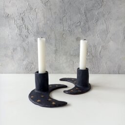 Handmade Crescent Moon Ceramic Candle Holder Black & Gold Lustre