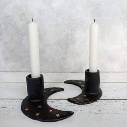 Handmade Crescent Moon Ceramic Candle Holder Black & Gold Lustre - thumbnail 2