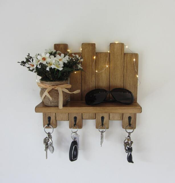 Rustic Wood Key Holder With Shelf/Entryway Rack Kitchen Organizer 7 Colour Options - image 1