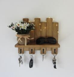 Rustic Wood Key Holder With Shelf/Entryway Rack Kitchen Organizer 7 Colour Options - thumbnail 1