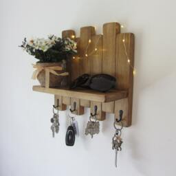 Rustic Wood Key Holder With Shelf/Entryway Rack Kitchen Organizer 7 Colour Options - thumbnail 3