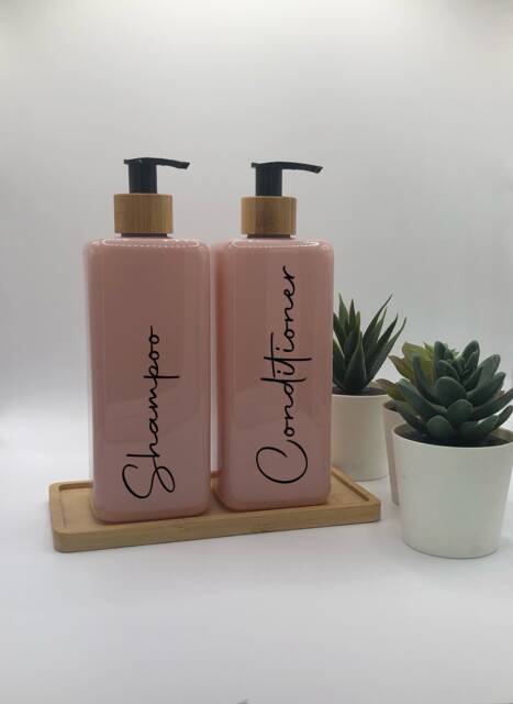Personalised Pink Square Soap Dispenser Bottle With Black Bamboo Pump 250Ml & 500Ml - image 1