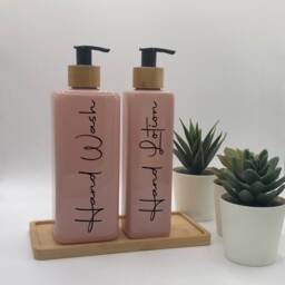 Personalised Pink Square Soap Dispenser Bottle With Black Bamboo Pump 250Ml & 500Ml - thumbnail 2