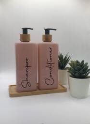 Personalised Pink Square Soap Dispenser Bottle With Black Bamboo Pump 250Ml & 500Ml