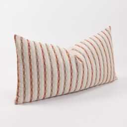Red Striped Cotton Throw Pillow Cover, Beige Oatmeal Fabric - thumbnail 3