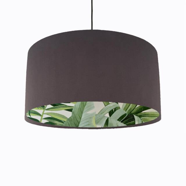 Charcoal Velvet Drum Lampshade With Lush Green Leaves Lining, Large Tropical Lightshade - image 1