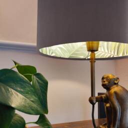 Charcoal Velvet Drum Lampshade With Lush Green Leaves Lining, Large Tropical Lightshade - thumbnail 2