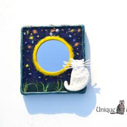 Full Moon Mirror & White Cat, Decorative Wall Mirror, Memorial Cat Gift, Remembrance, Lovers, Home Hanging Mirrors - thumbnail 1