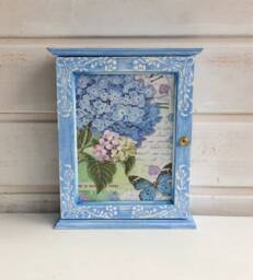 Blue Hydrangea Key Cabinet, Shabby Chic Wooden Organizer, Holder, Wall Decor - thumbnail 1