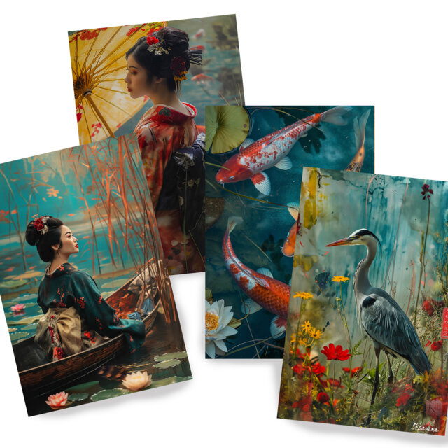 Japanese Geisha Ds0590 By Ksavera - Digital Print Set Of 4 Synthography Fine Art Prints Printed On Glossy Premium Photo Paper - image 1