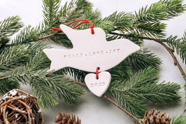 Peace Love & Joy Dove Christmas Ceramic Ornament - Handmade Holiday Decor - image 1