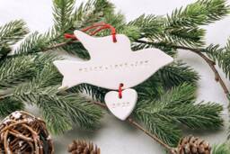 Peace Love & Joy Dove Christmas Ceramic Ornament - Handmade Holiday Decor - thumbnail 1