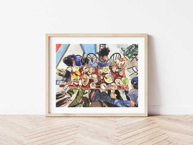 Watercolor Painting Of Friends & Kids Eating Pho - Original Food Art Family Dinner Illustration Asian Noodle Soup Wall - image 1