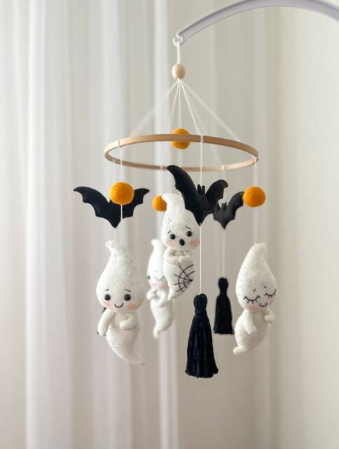 Ghost Baby Mobile, Bat Halloween Nursery Decor, Felt Mobile, Black & White Mobile, Halloween Mobile - image 1
