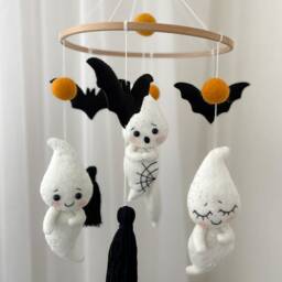 Ghost Baby Mobile, Bat Halloween Nursery Decor, Felt Mobile, Black & White Mobile, Halloween Mobile - thumbnail 2