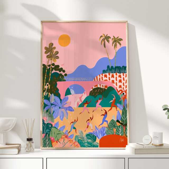Colourful Yoga Art Print - Abstract Group in Tropical Landscape Modern Wellness Wall Poster For Home Or Studio - image 1