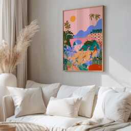 Colourful Yoga Art Print - Abstract Group in Tropical Landscape Modern Wellness Wall Poster For Home Or Studio - thumbnail 2
