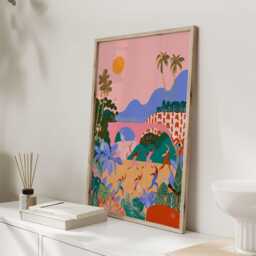 Colourful Yoga Art Print - Abstract Group in Tropical Landscape Modern Wellness Wall Poster For Home Or Studio - thumbnail 3