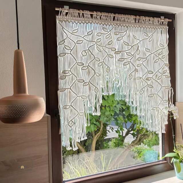 Macrame Leaf Window Curtain Handmade Cotton Braid Decor - image 1