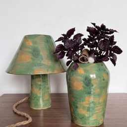 Handmade Green Ceramic Table Lamp, Minimalist Clay Modern Bedside Pottery Lamp - thumbnail 2