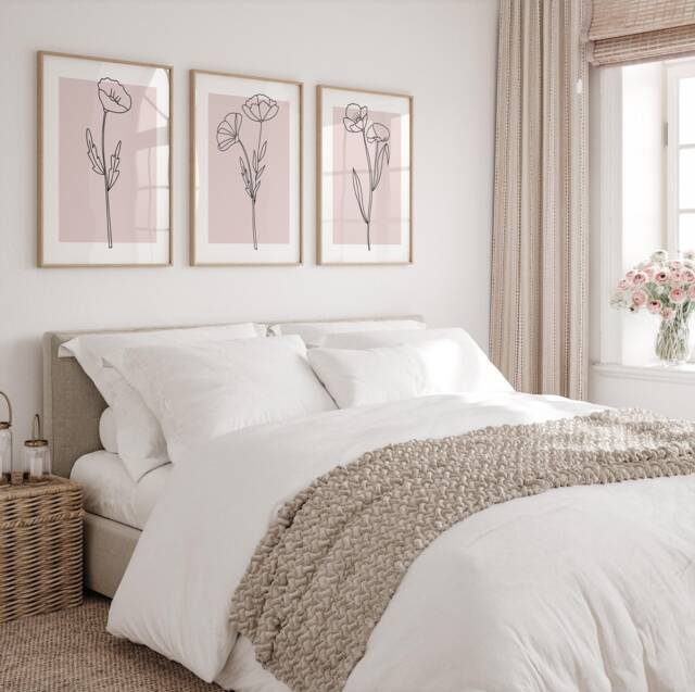 Pink Wall Art Set Of 3 Prints. Botanical Wildflower Art. Blush Girly Home Decor. Minimalist Flower Line Art, Bedroom - image 1