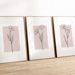 Pink Wall Art Set Of 3 Prints. Botanical Wildflower Art. Blush Girly Home Decor. Minimalist Flower Line Art, Bedroom - thumbnail 2