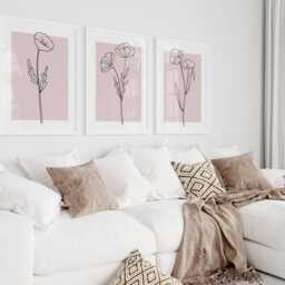 Pink Wall Art Set Of 3 Prints. Botanical Wildflower Art. Blush Girly Home Decor. Minimalist Flower Line Art, Bedroom - thumbnail 3
