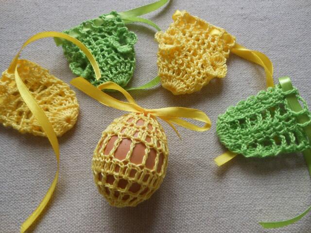 Crochet Easter Egg Cover, Set Of 5 Hand Crocheted Eggs Decoration Green Yellow - image 1