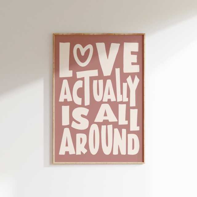 Love Actually Is All Around Art Print, Retro Heart Wall Art, Mid Century Modern Quote Poster, Minimalist For Bedroom Living Room - image 1