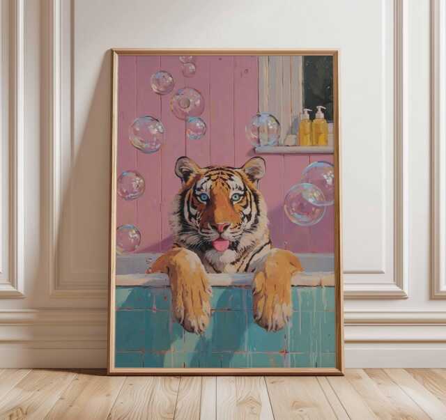 Tiger in Bathtub Art Print, Funny Animal Pop Poster, Whimsical Bathroom Decor, Modern Pink Blue Aesthetic Wall - image 1