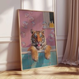 Tiger in Bathtub Art Print, Funny Animal Pop Poster, Whimsical Bathroom Decor, Modern Pink Blue Aesthetic Wall - thumbnail 2
