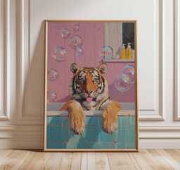 Tiger in Bathtub Art Print, Funny Animal Pop Poster, Whimsical Bathroom Decor, Modern Pink Blue Aesthetic Wall - thumbnail 1