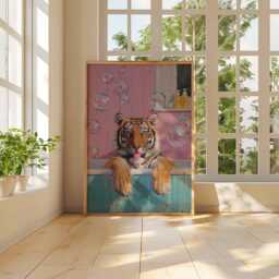 Tiger in Bathtub Art Print, Funny Animal Pop Poster, Whimsical Bathroom Decor, Modern Pink Blue Aesthetic Wall - thumbnail 3