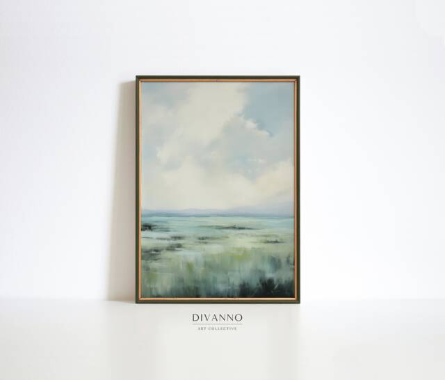 Muted Blue Green Landscape, Soft Cloud Print, Digital Painting, Abstract Wall Art, Modern Home Decor, Printable Canvas, Minty Decor - image 1
