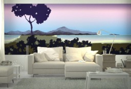 Vista Collection Sake. French Designer Boutique Wall Mural Art. Romantic Calm Tranquil Lake Shore Mountains, Dreamy Radiant Vivid Palette