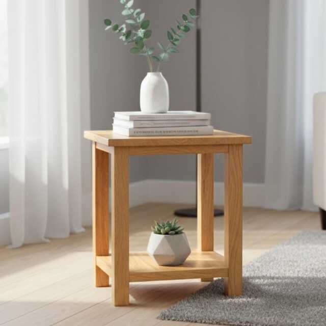 Solid Oak Side Table With Shelf - Lacquered Natural Grain Lamp - image 1