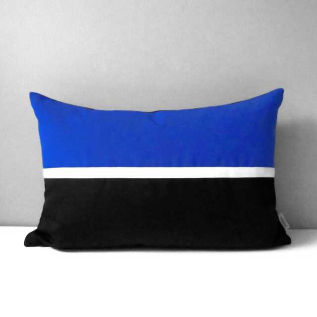True Blue & Black Sunbrella?? Outdoor Pillow Cover in Modern Color Block & White Trim, Royal Throw Cushions For Pool Patio, Mazizmuse - image 1