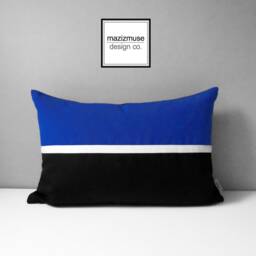 True Blue & Black Sunbrella?? Outdoor Pillow Cover in Modern Color Block & White Trim, Royal Throw Cushions For Pool Patio, Mazizmuse - thumbnail 3