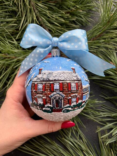 Custom House Portrait Ornament, Hand Painted Christmas Bauble - image 1