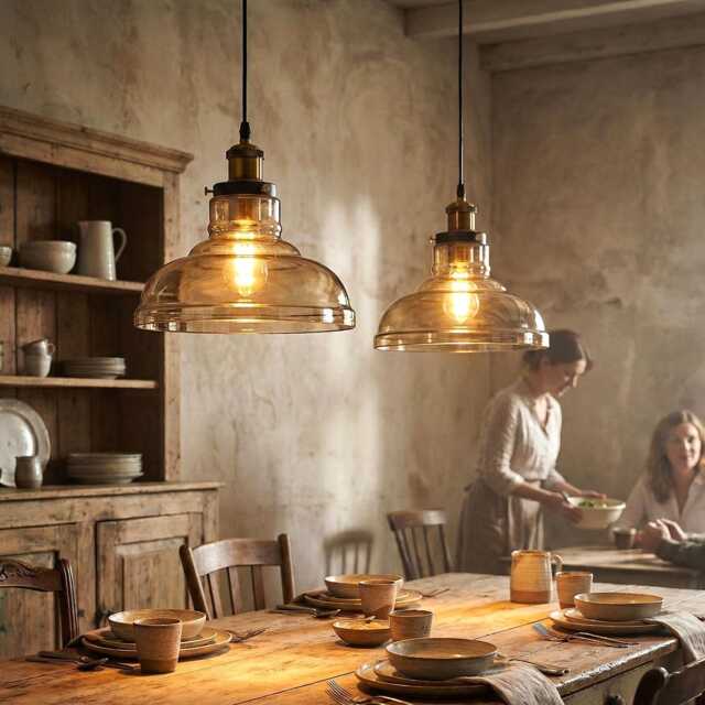 Amber Glass Pendant Light - Vintage Industrial Farmhouse Ceiling Lamp - image 1